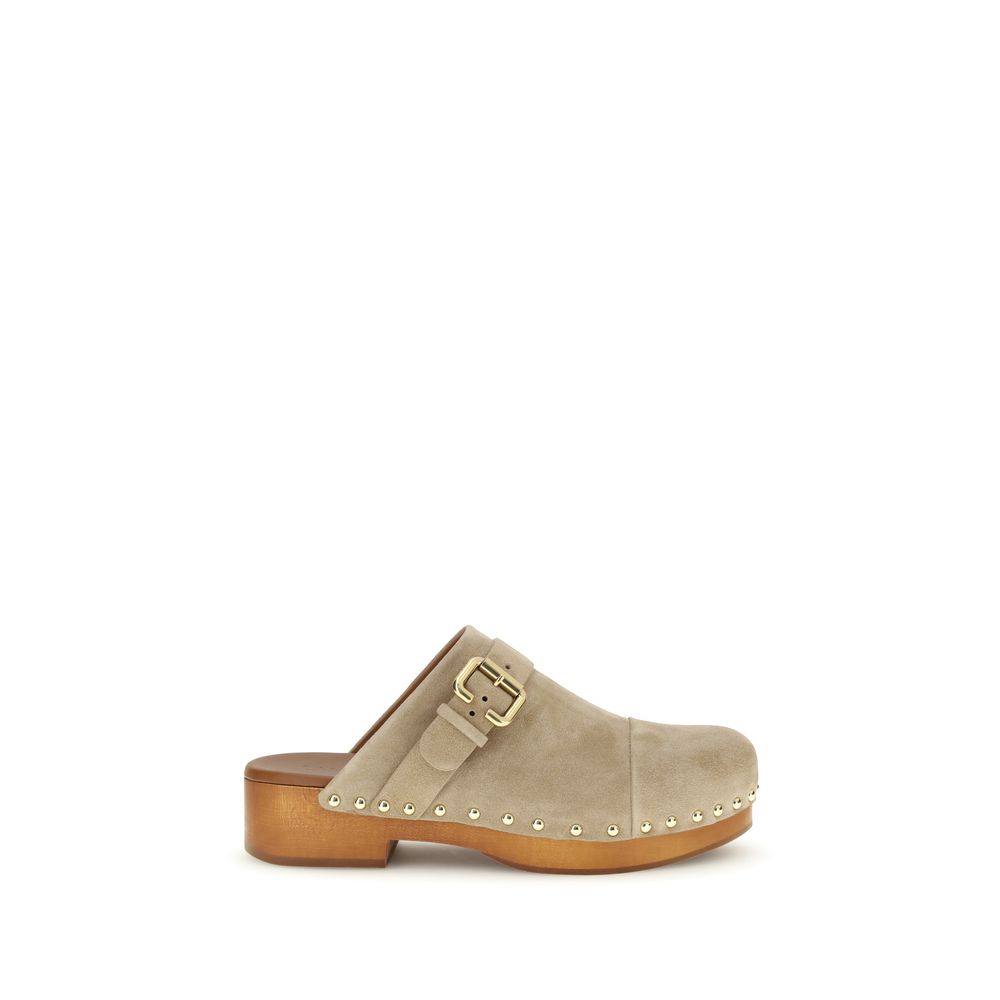Beige Leather Clog Mules with Wooden Platform Wedge