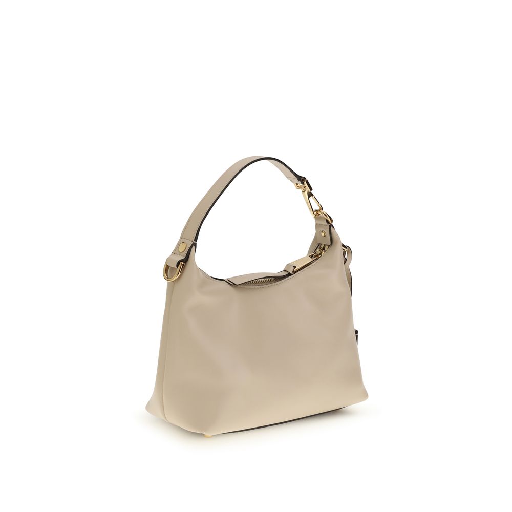 Beigefarbene Hobo-Handtasche aus Leder mit Monogramm-Plakette