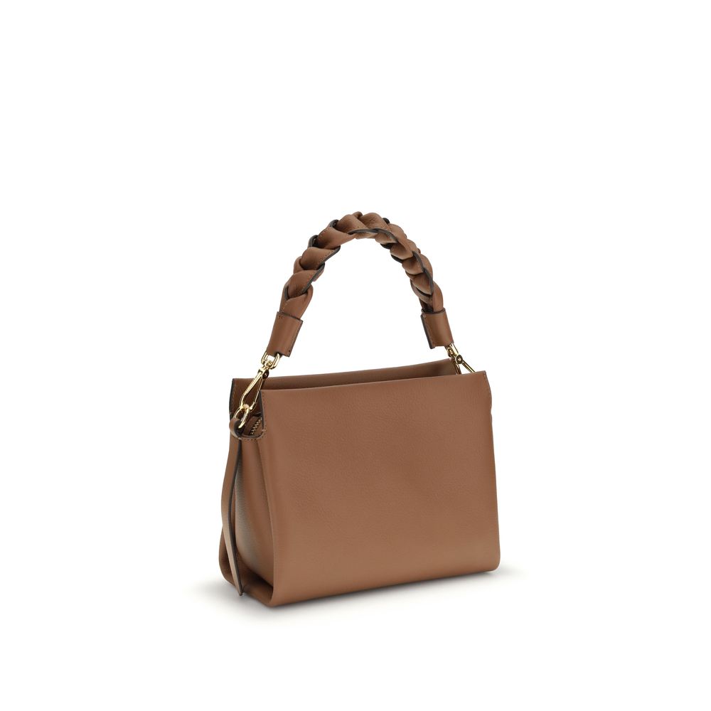 Beige Leather Shoulder Bag with Braided Top Handle