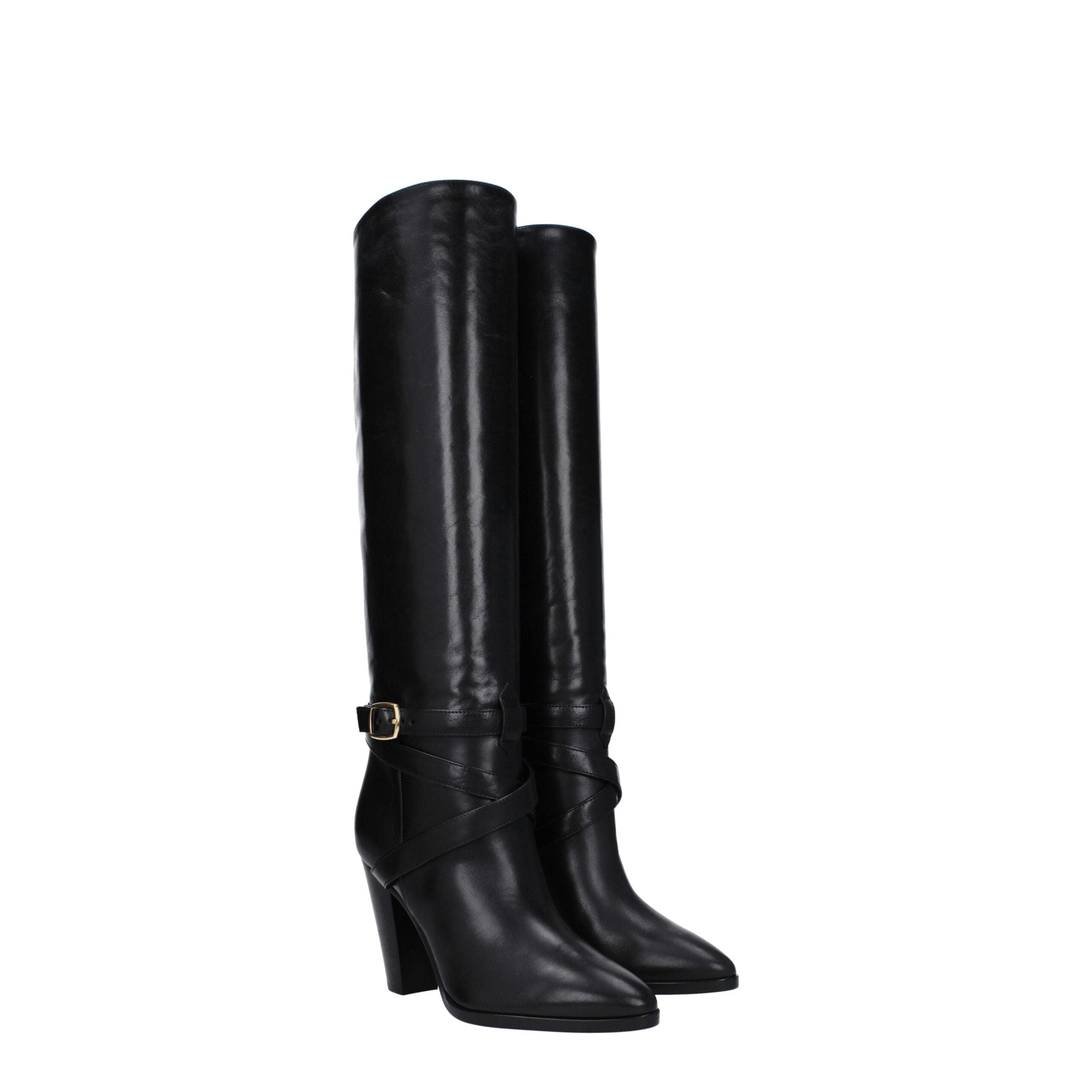 Schwarze Leder-High-Heel-Stiefel mit seitlichem Detail von Celine