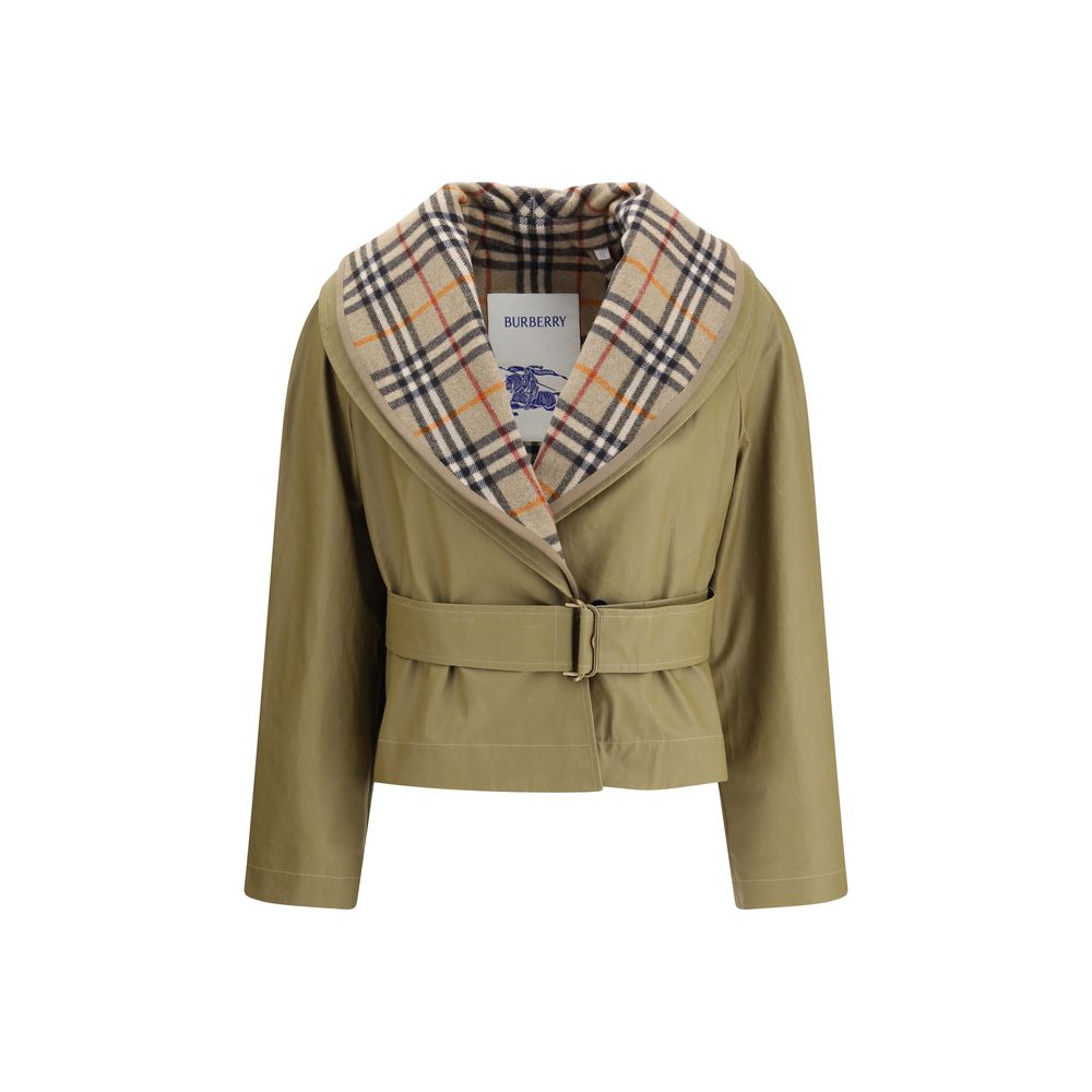 Beige Cotton Cropped Jacket with Quilted Shawl Detail
