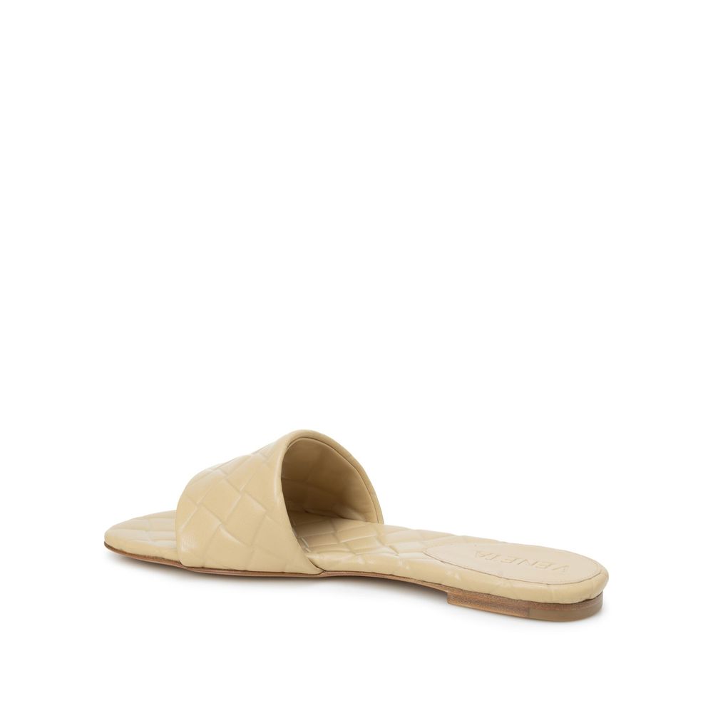 Beige Leather Flat Sandals with Woven Detail