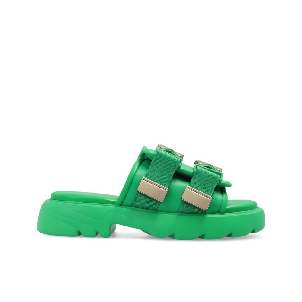Bicolor-Nylon-Pantoletten mit Lederdetails