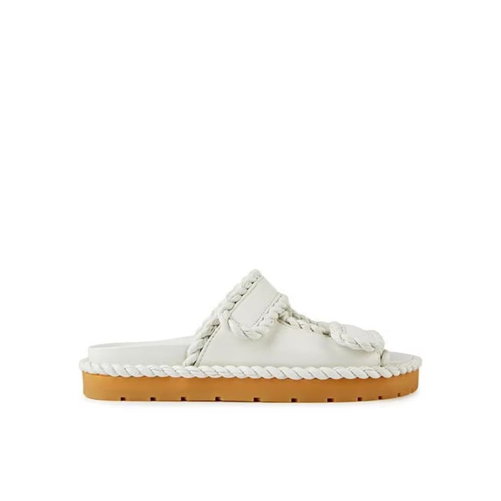 White Leather Flat Sandals with Velcro Straps