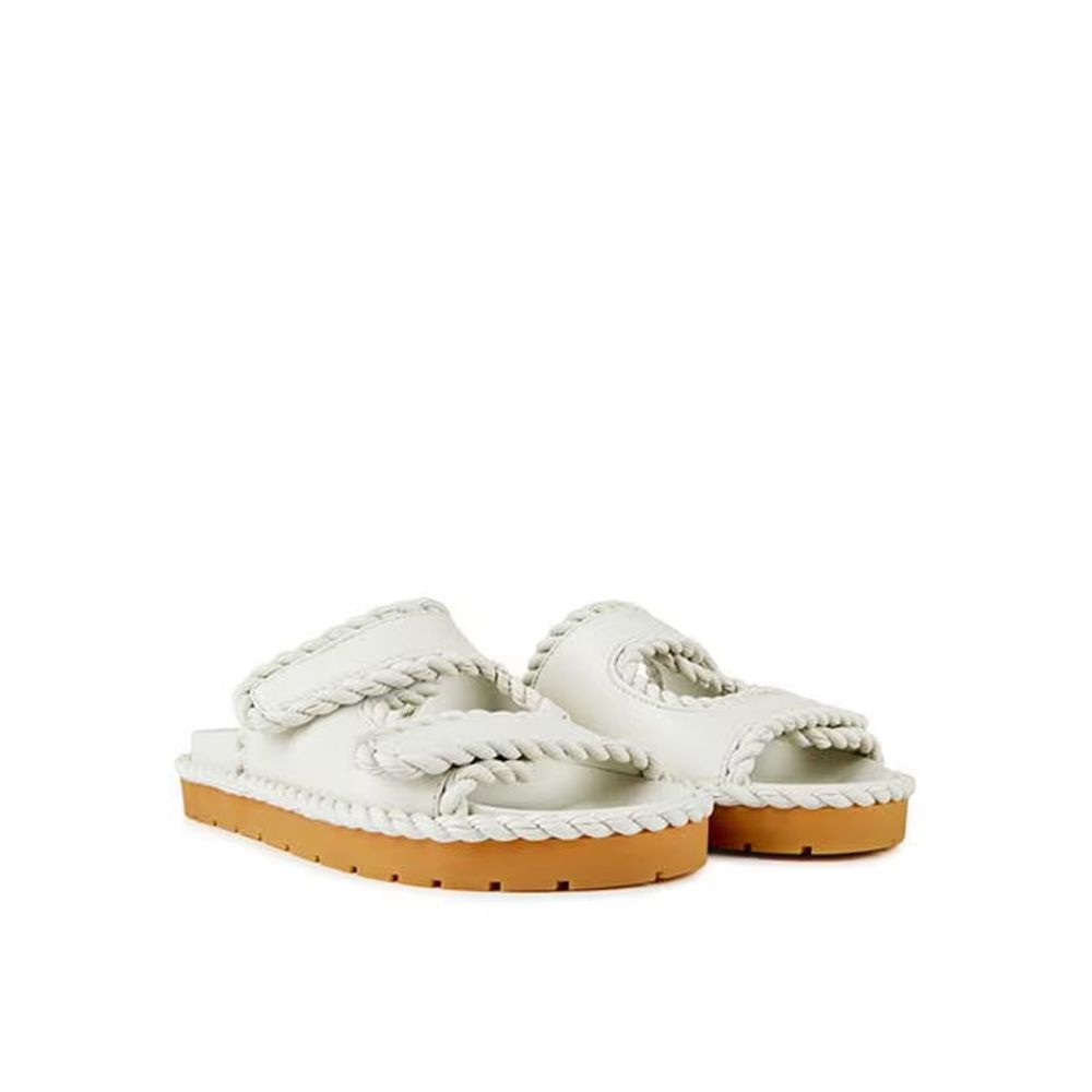 White Leather Flat Sandals with Velcro Straps