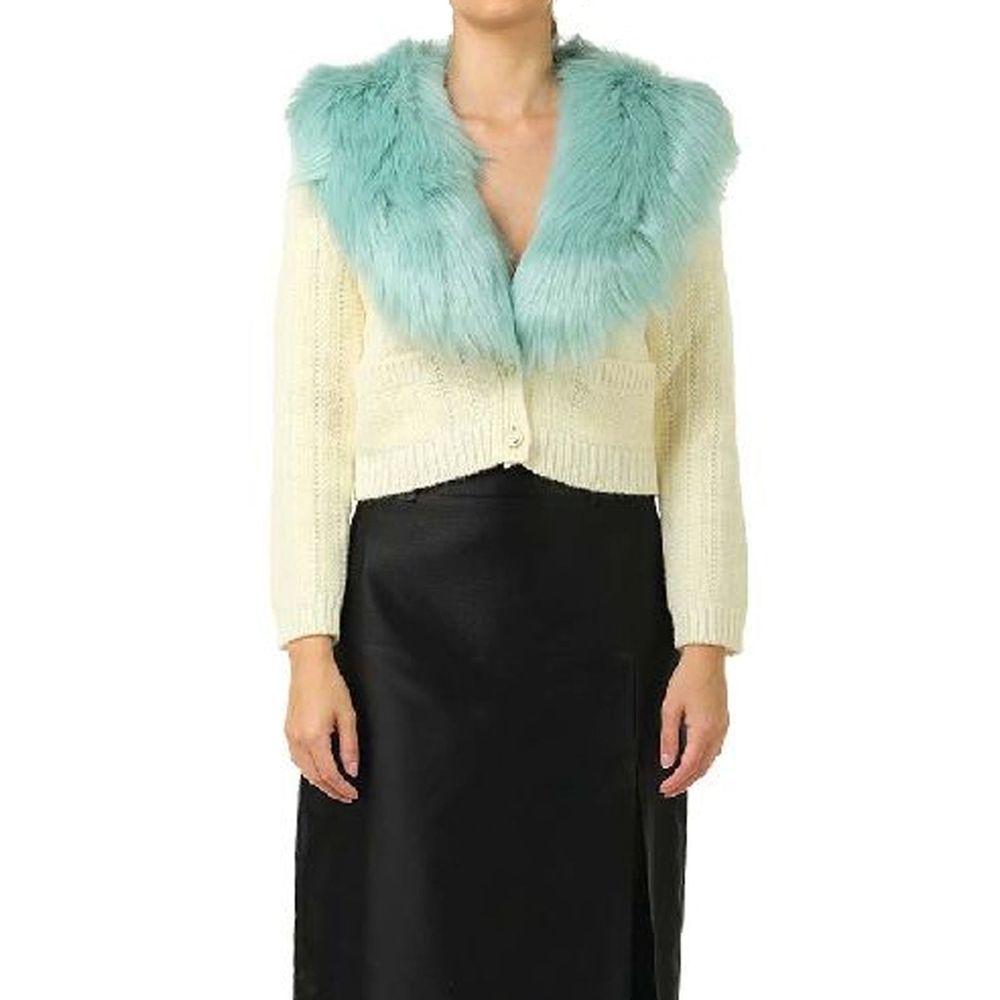 White Wool Cardigan with Faux Fur Collar and Pockets