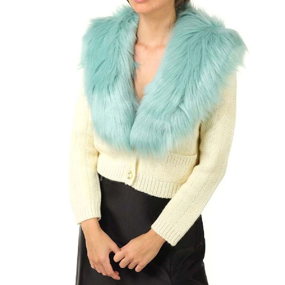 White Wool Cardigan with Faux Fur Collar and Pockets