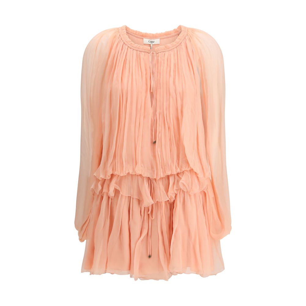 Multicolor Silk Mini Dress with Cape and Ruffles