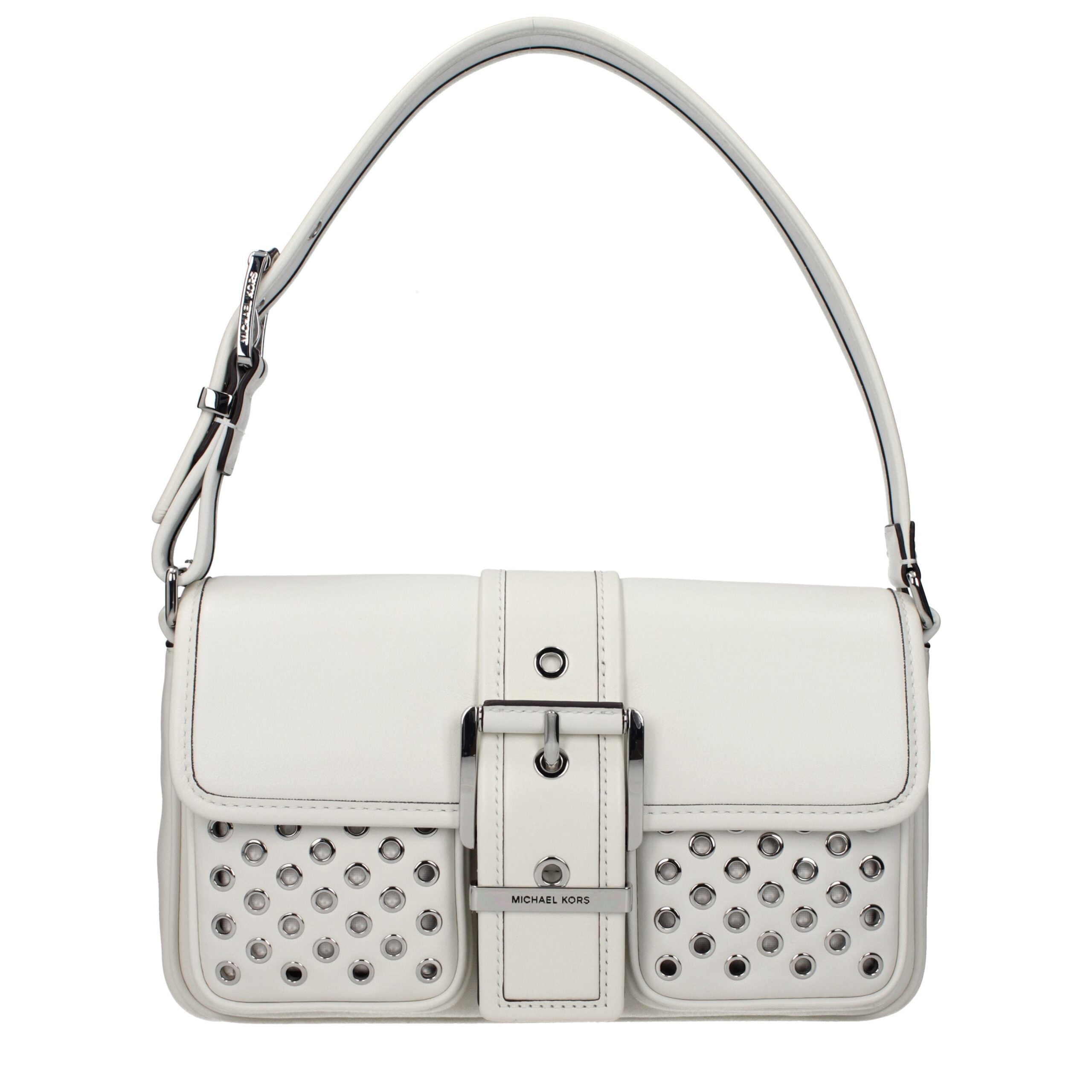 White Leather Shoulder Bag with Front Logo and Adjustable Handle