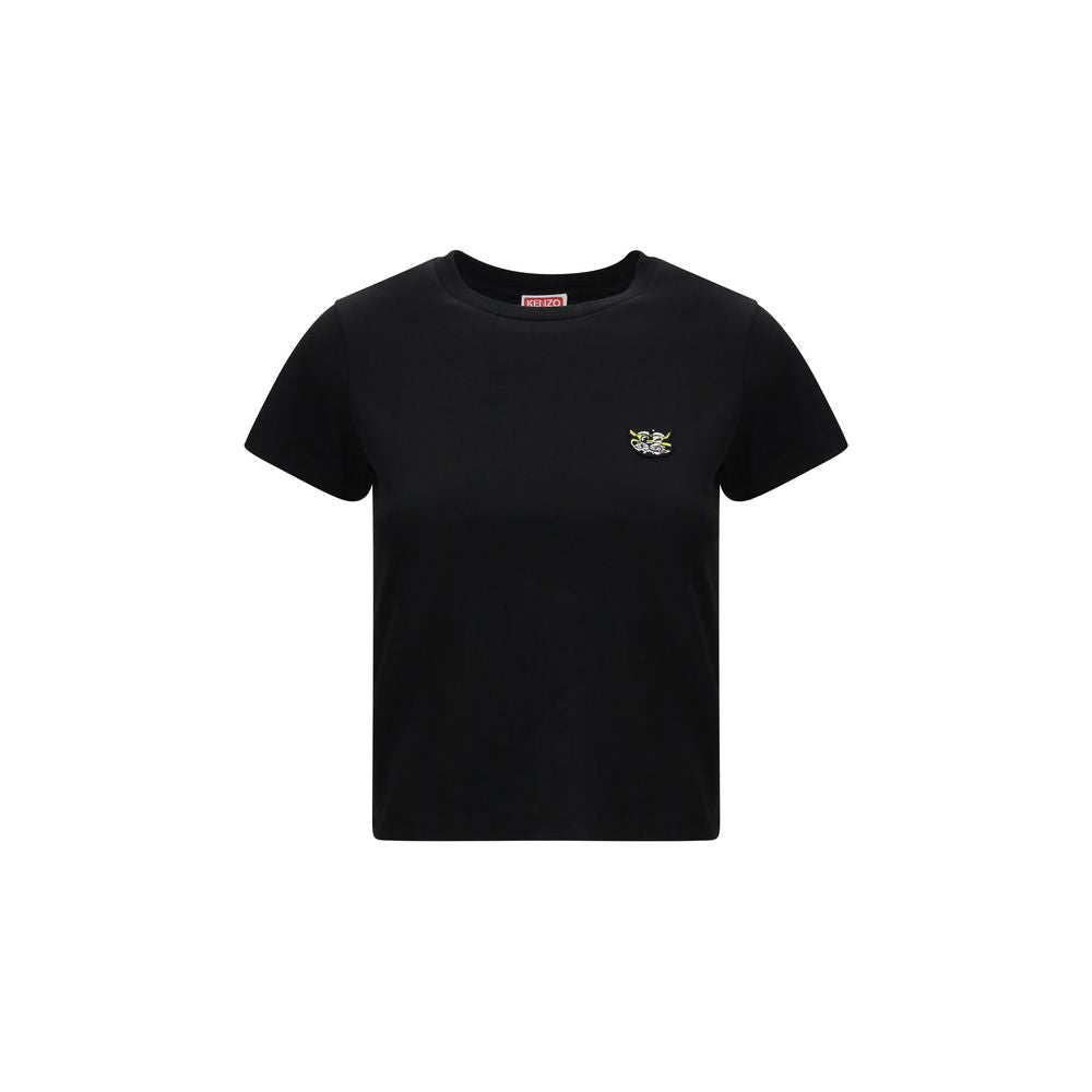 Schwarzes Baumwoll-T-Shirt mit gesticktem Wildtiger-Motiv