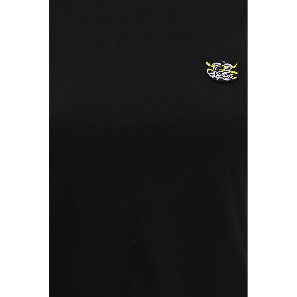 Black Cotton T-Shirt with Embroidered Wild Tiger Design