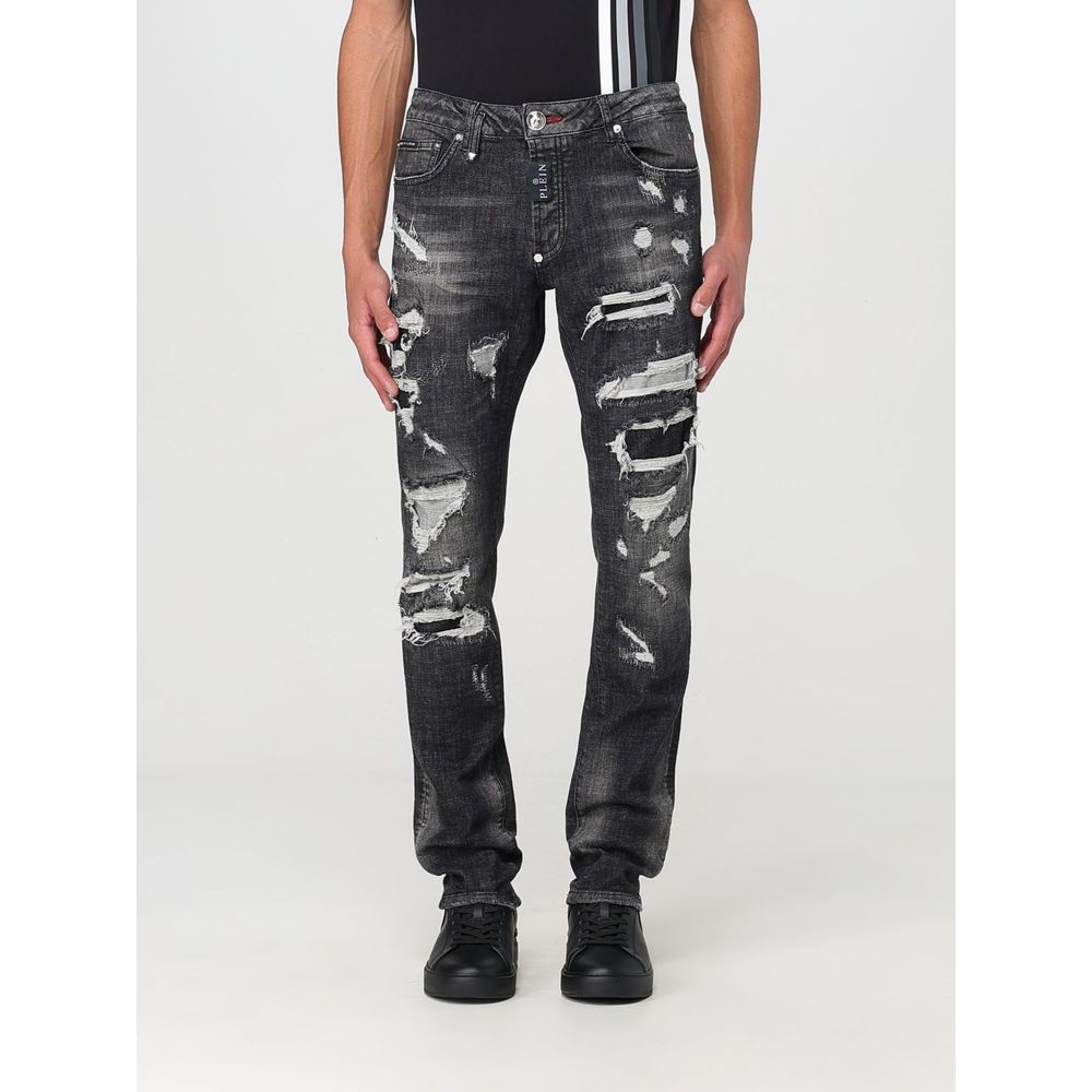 Gray Cotton Slim Fit Distressed Jeans