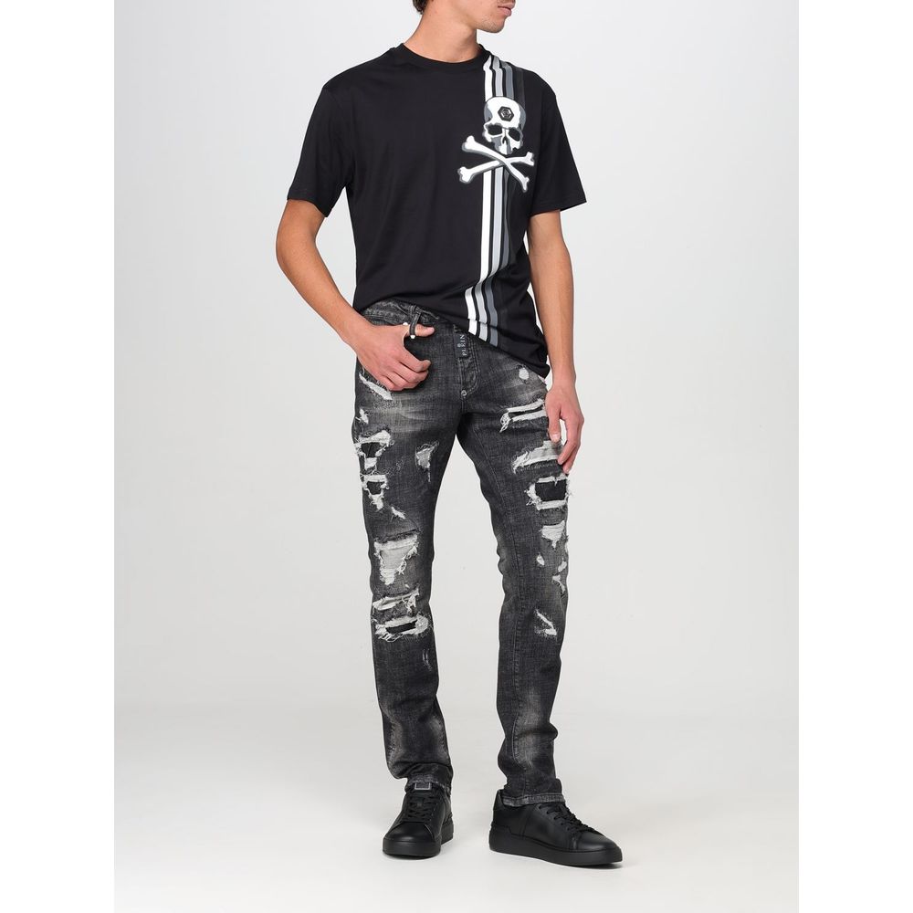 Gray Cotton Slim Fit Distressed Jeans