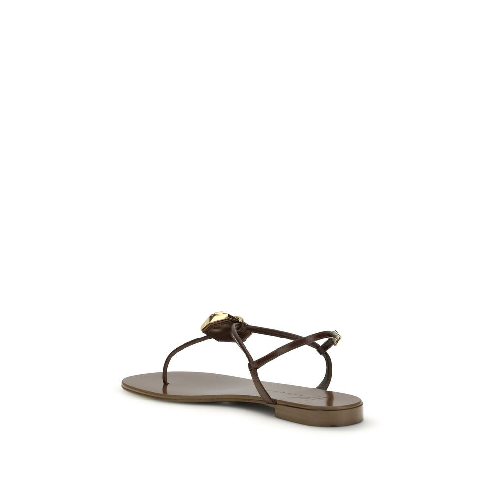 Brown Leather Flat Sandals with Maxi Stone Detail