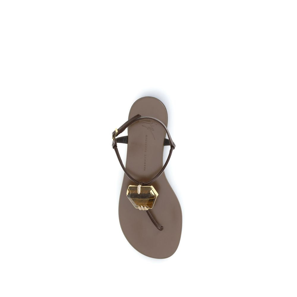 Brown Leather Flat Sandals with Maxi Stone Detail