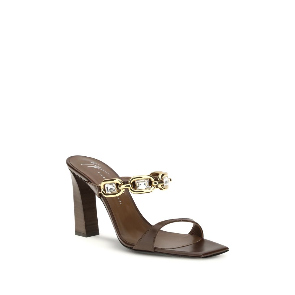Brown Leather Sandals with Gold Crystal Accent