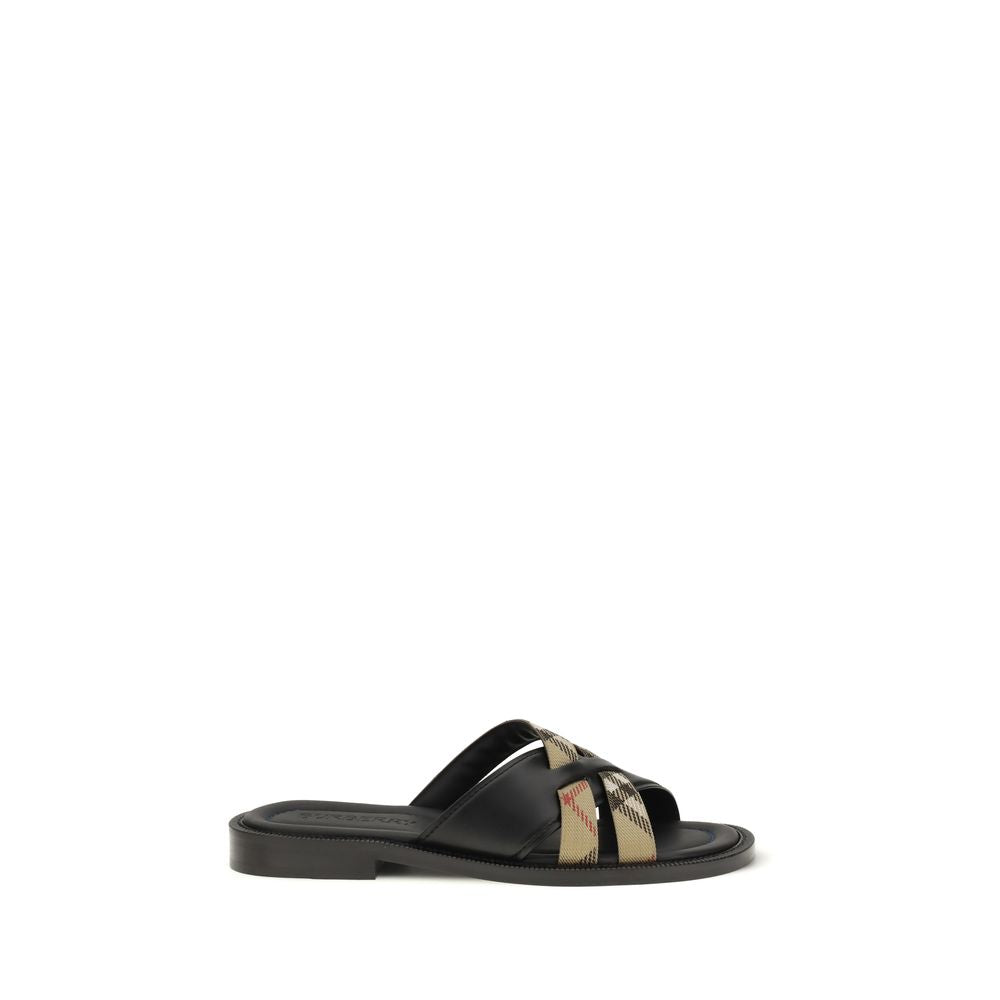 Schwarze flache Ledersandalen mit Burberry-Karoband