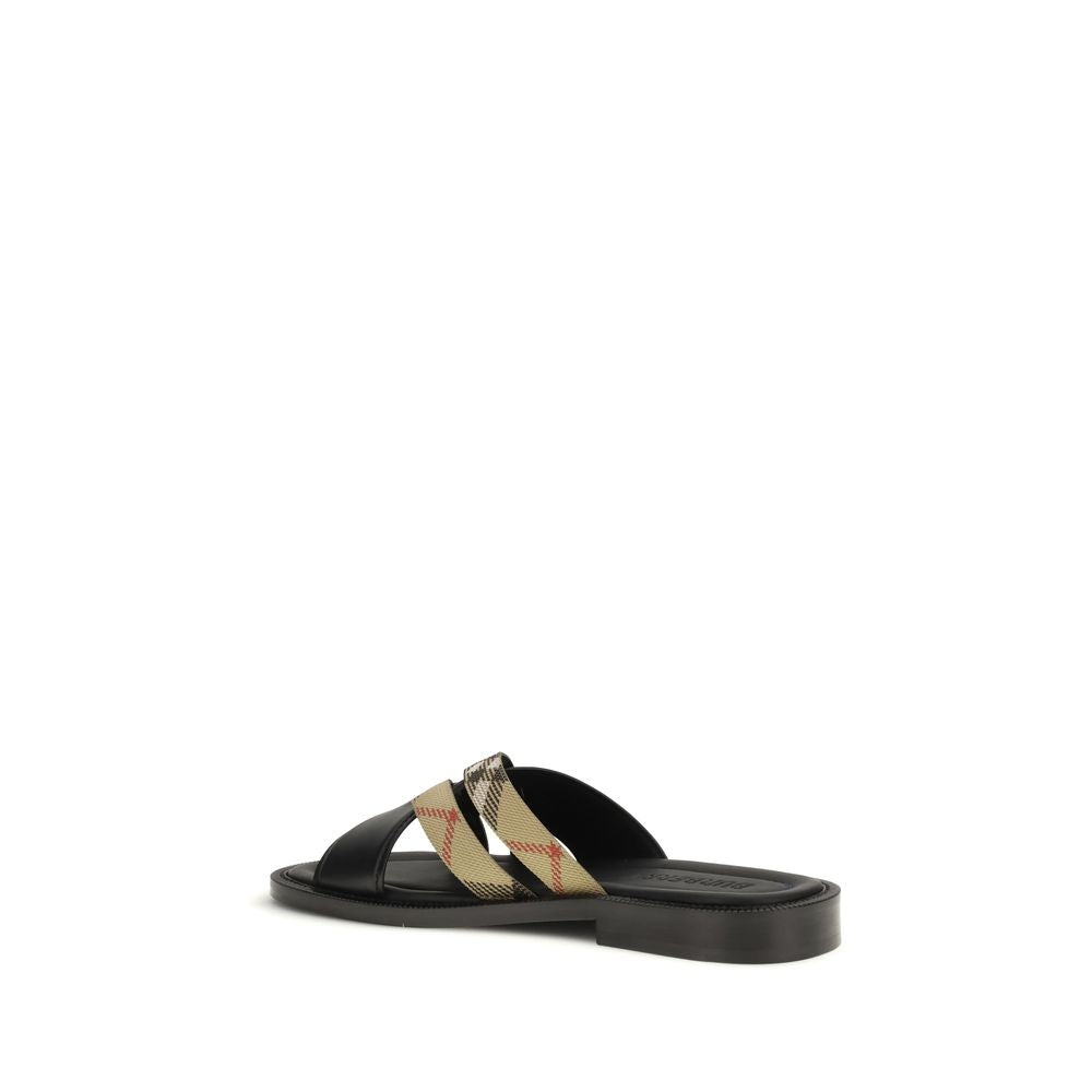 Black Leather Flat Sandals with Burberry Check Ribbon