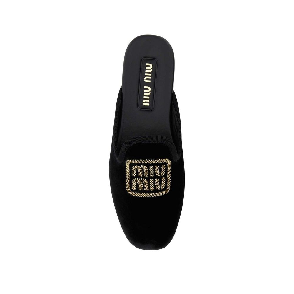 Black Leather Mules with Embroidered Logo Detail
