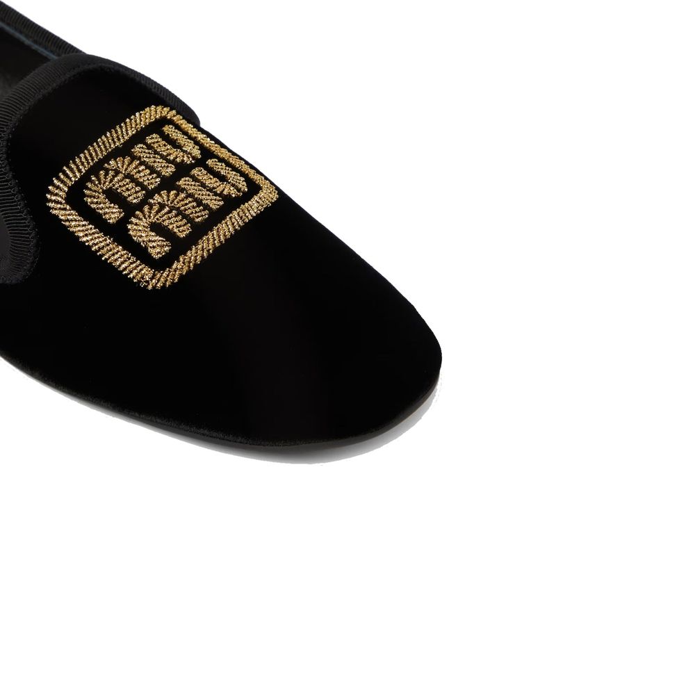 Black Leather Ballet Flats with Velvet Effect