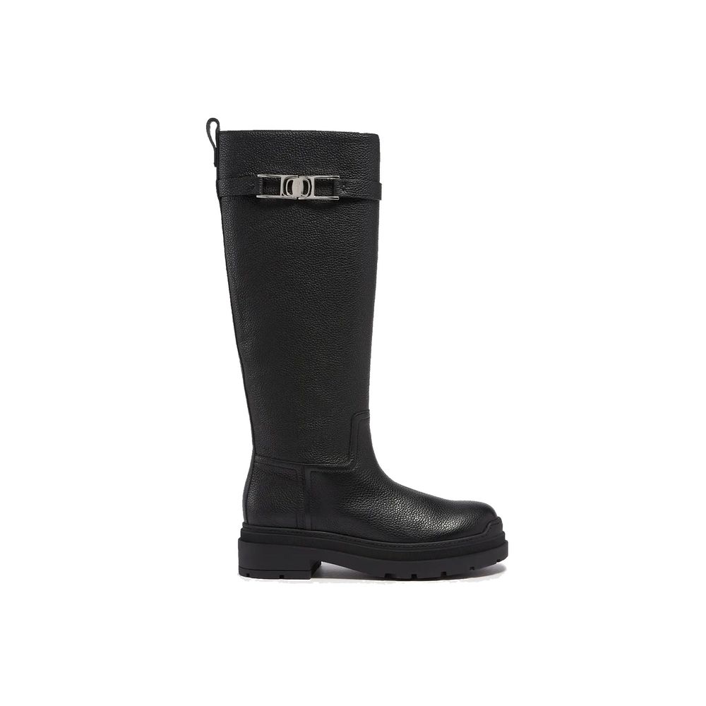 Schwarze flache Lederstiefel mit seitlichem Reißverschluss