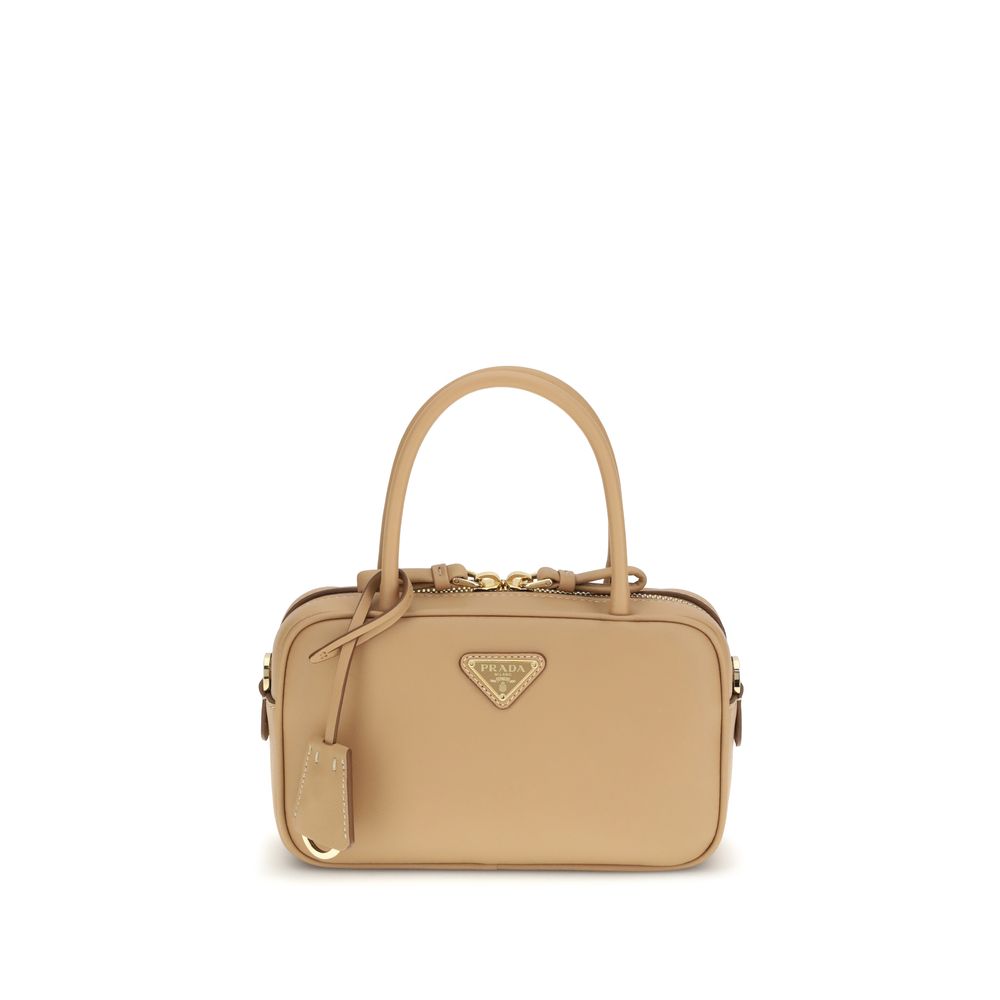 Beige Leather Handbag with Tubular Handles and Zip Closure