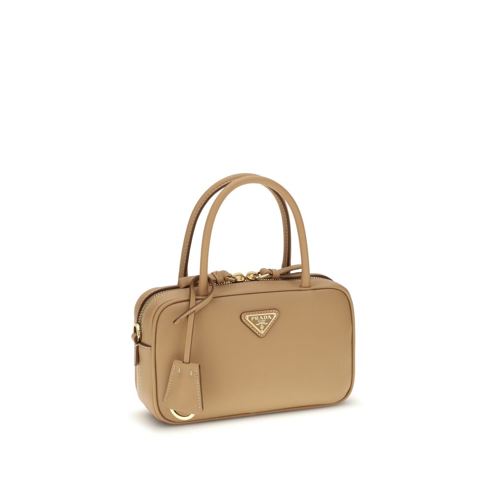 Beige Leather Handbag with Tubular Handles and Zip Closure