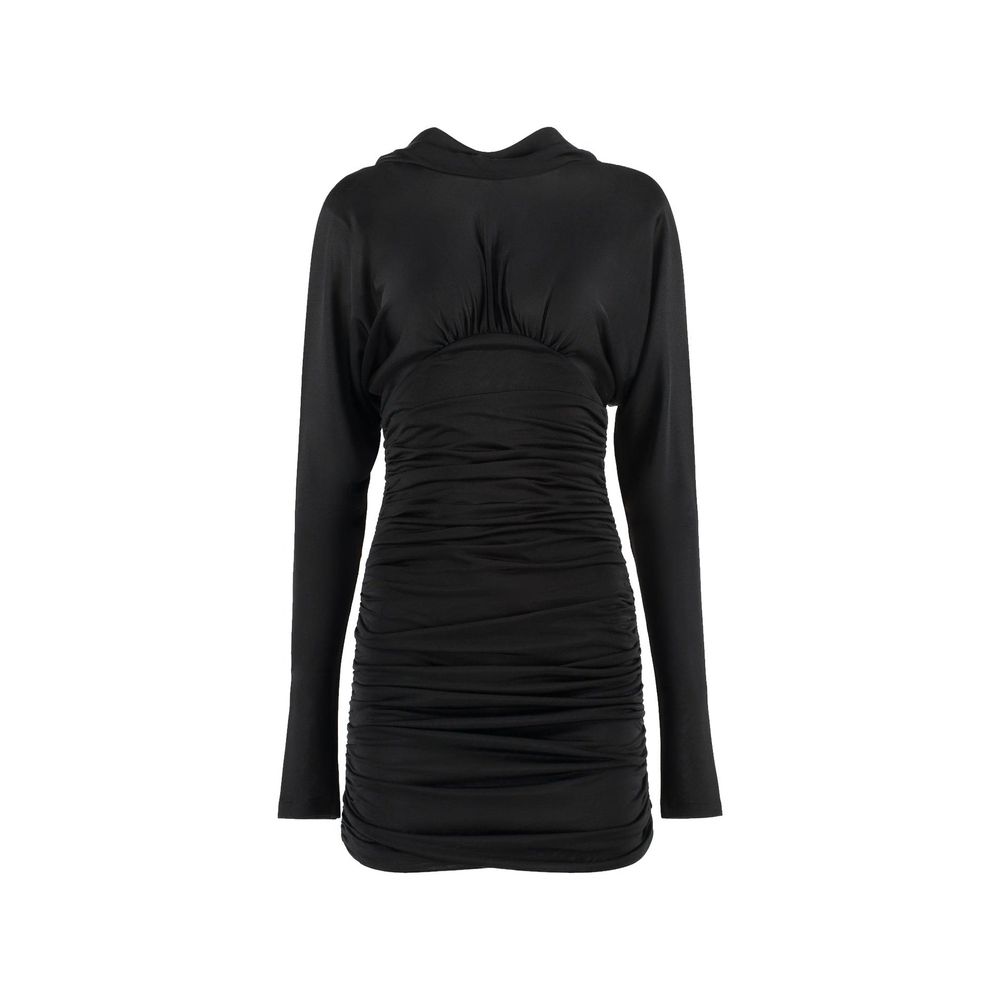 Schwarzes, lässiges Synthetik-Kleid mit Raffung