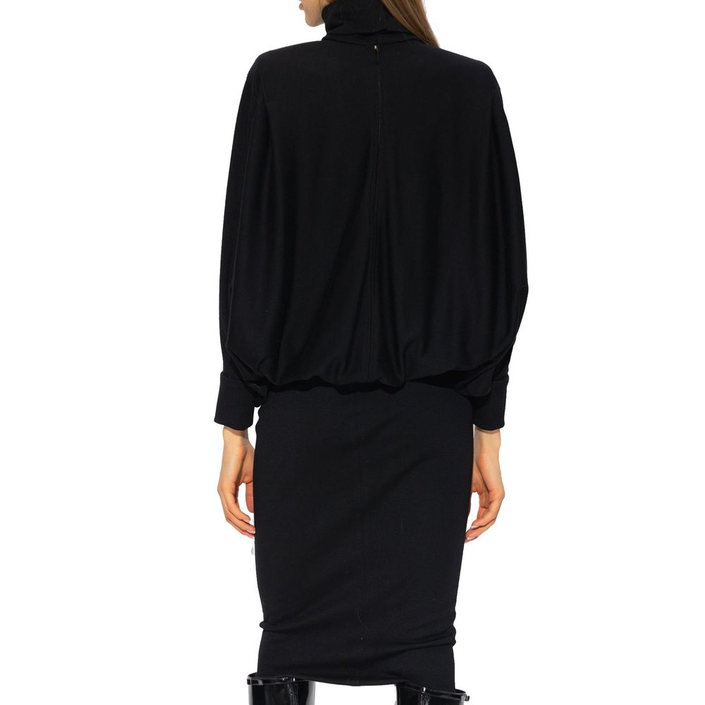 Schwarzes Wollkleid mit Stehkragen und Knopfverschluss
