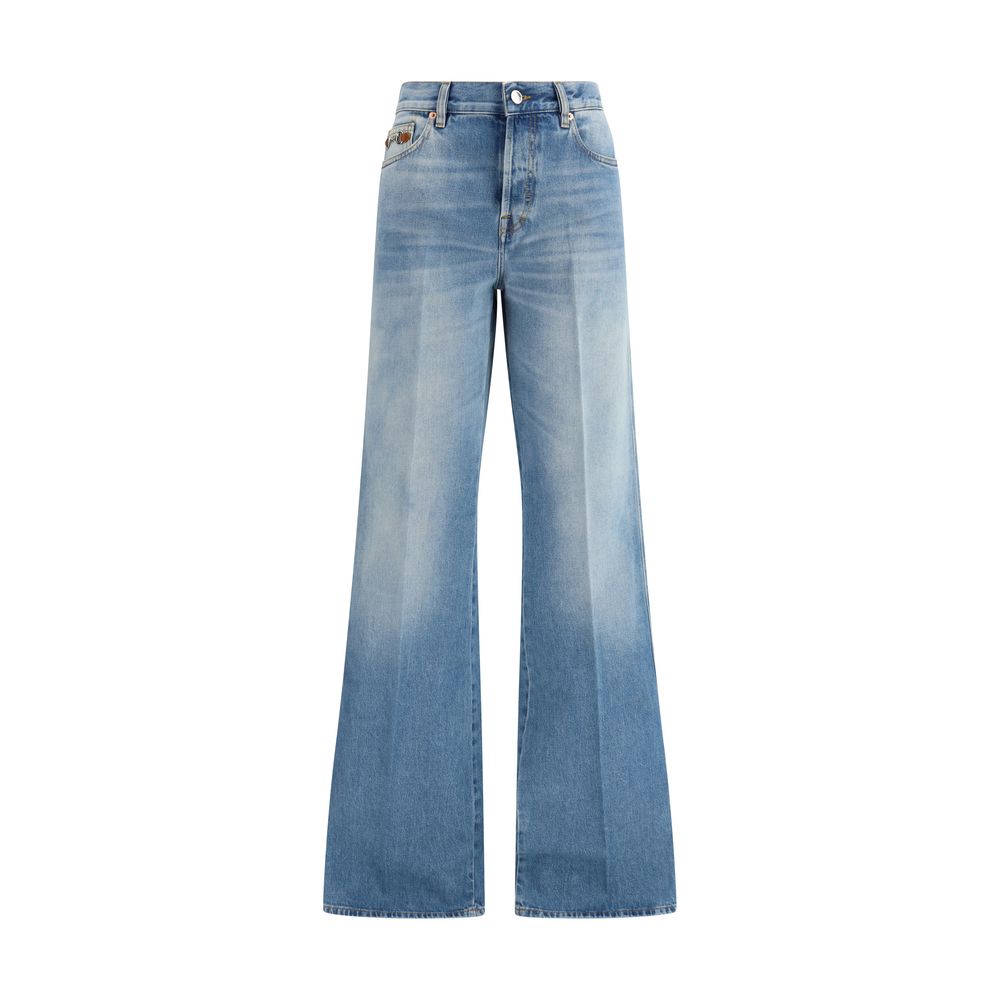 Blue Cotton Flared Jeans with Leather Detail