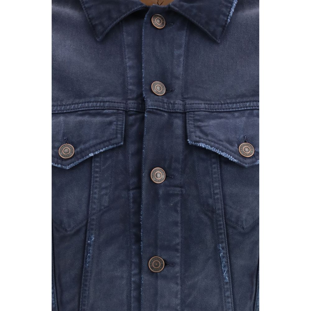 Blue Cotton Denim Jacket with Curved Waist Detail