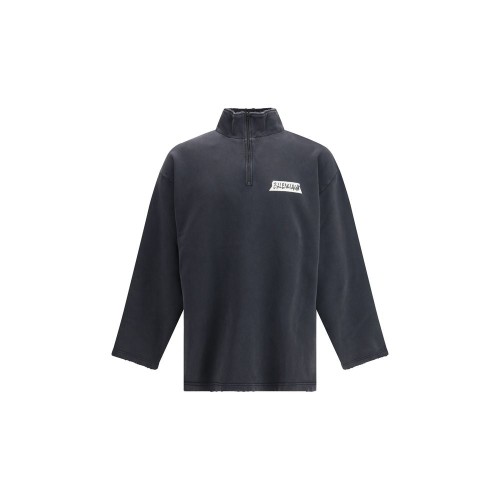Black Cotton Oversized Sweatshirt with Zip Closure