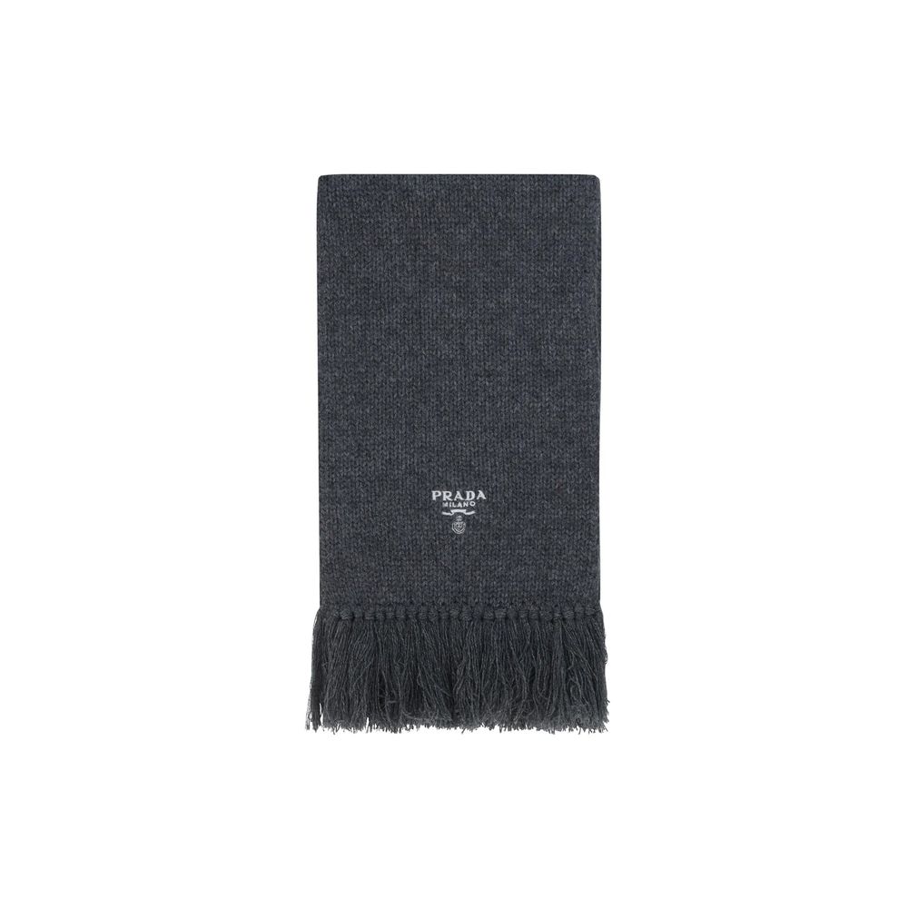 Gray Wool Scarf with Embroidered Logo and Fringe Finish