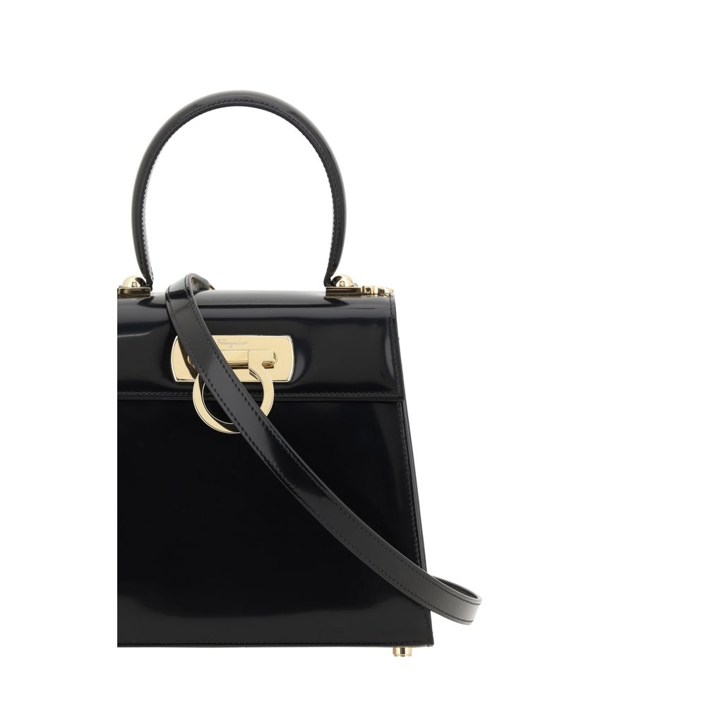 Black Leather Handbag with Gold Gancini Detail