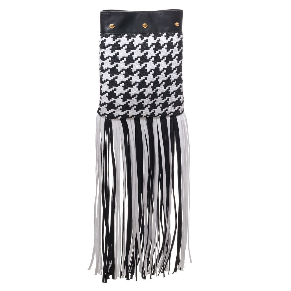 Black and White Leather Shoulder Bag with Fringe Detail