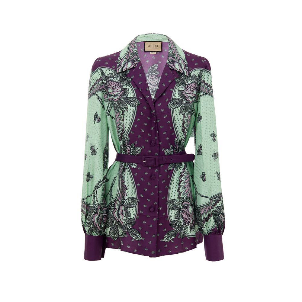 Mint Green Silk Shirt with Floral Print