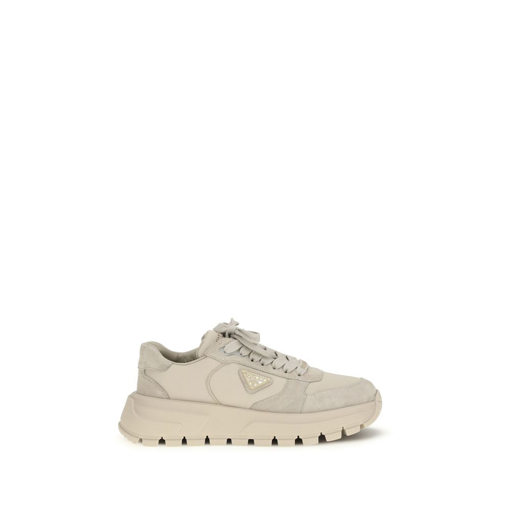 Beige Leather Athletic Sneakers with Suede Detail