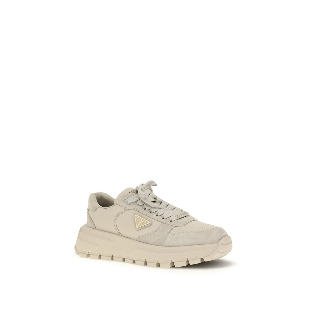 Beige Leather Athletic Sneakers with Suede Detail