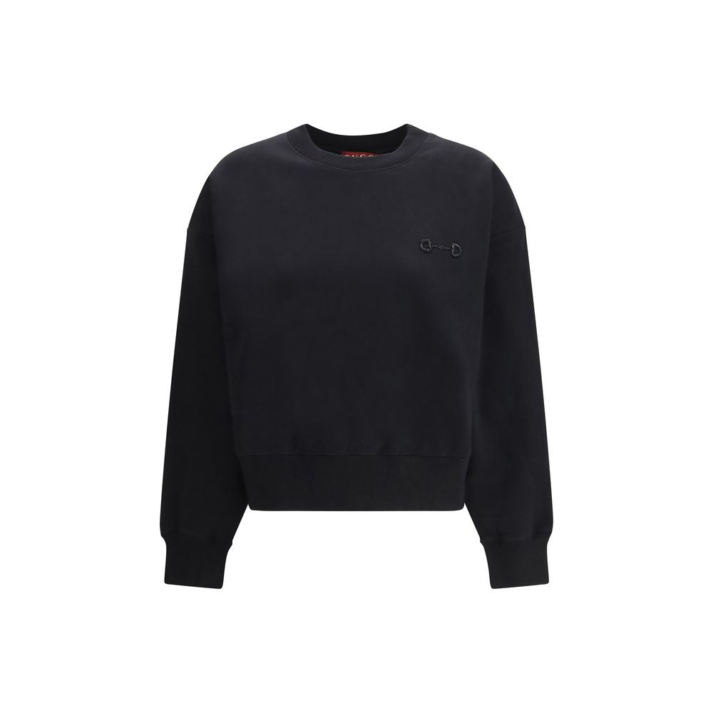 Black Cotton Sweatshirt with Embroidered Horsebit Detail