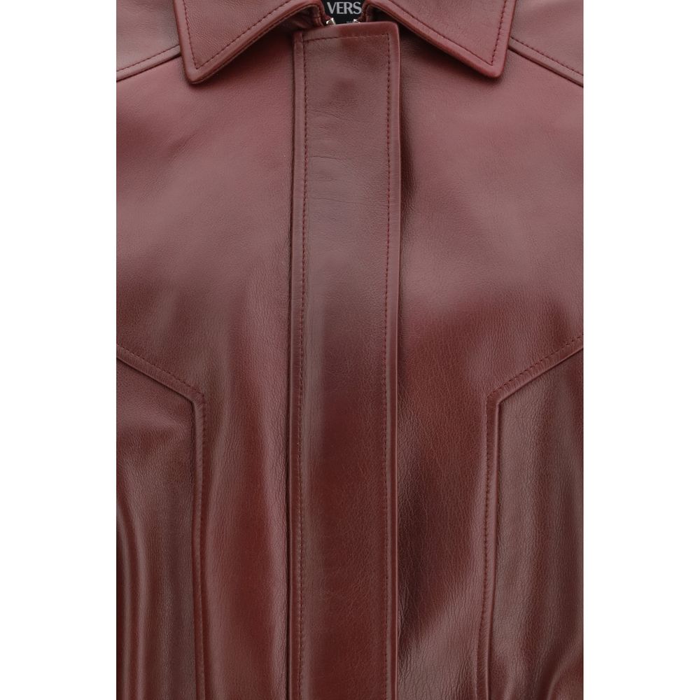 Bordeaux Leather Jacket with Medusa Button Detail