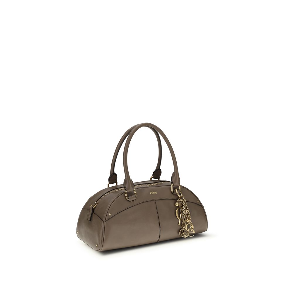 Gray Leather Bowling Handbag with Key Ring Charm