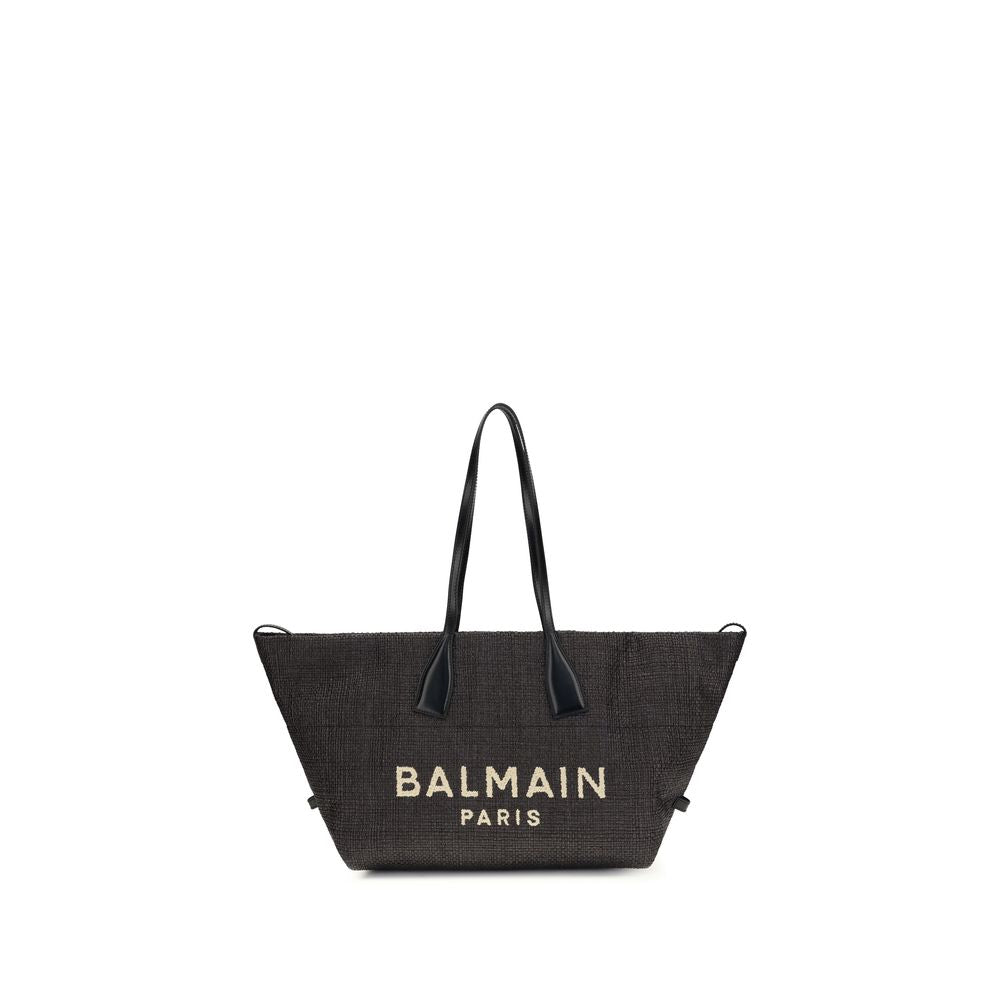 Schultertasche aus schwarzem Raffia und Leder von Balmain
