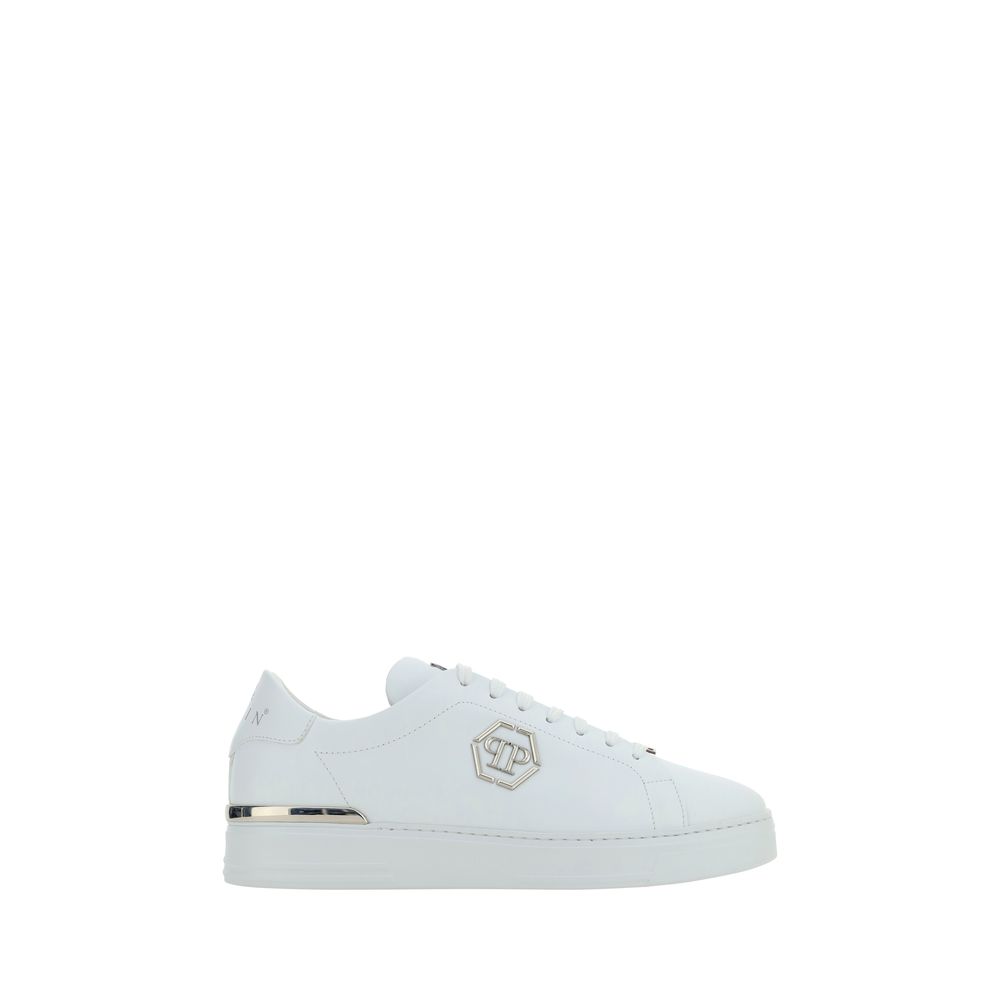 White Leather Low Top Sneakers with Logo Plaque