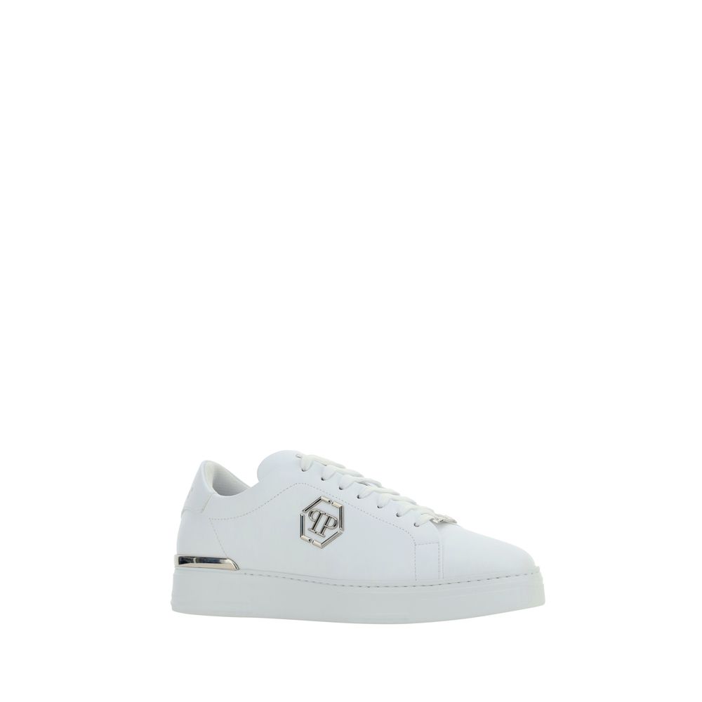 White Leather Low Top Sneakers with Logo Plaque