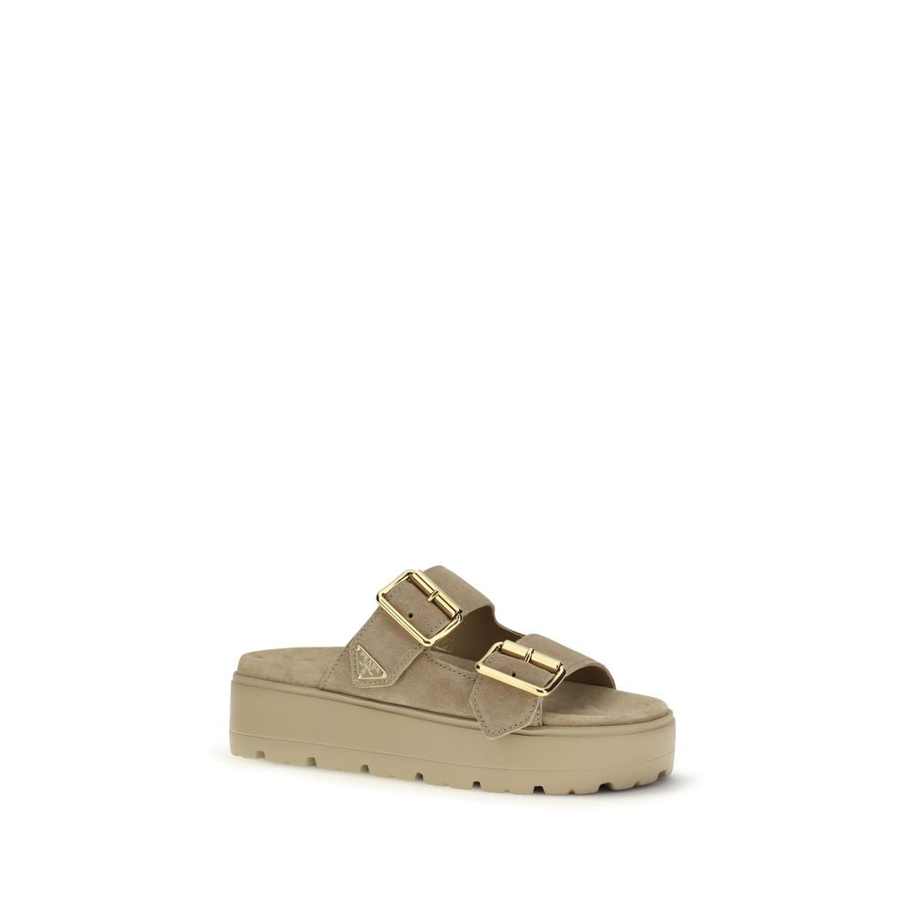 Beige Leather Platform Sandals with Buckles by Prada