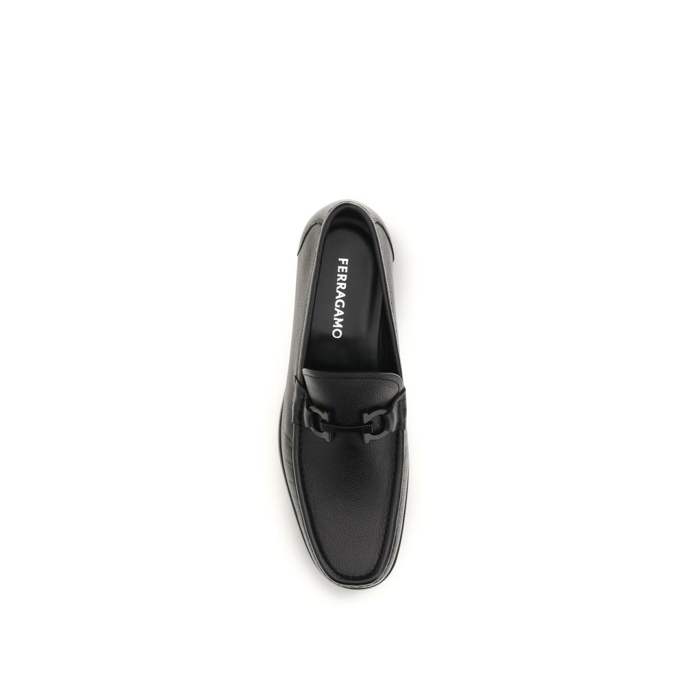 Black Leather Loafers with Gancini Buckle