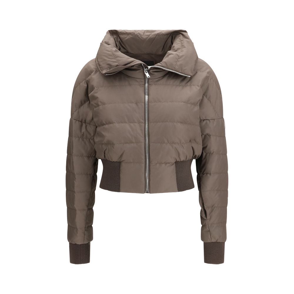 Brown Synthetic Down Jacket with Ribbed Wool Trim