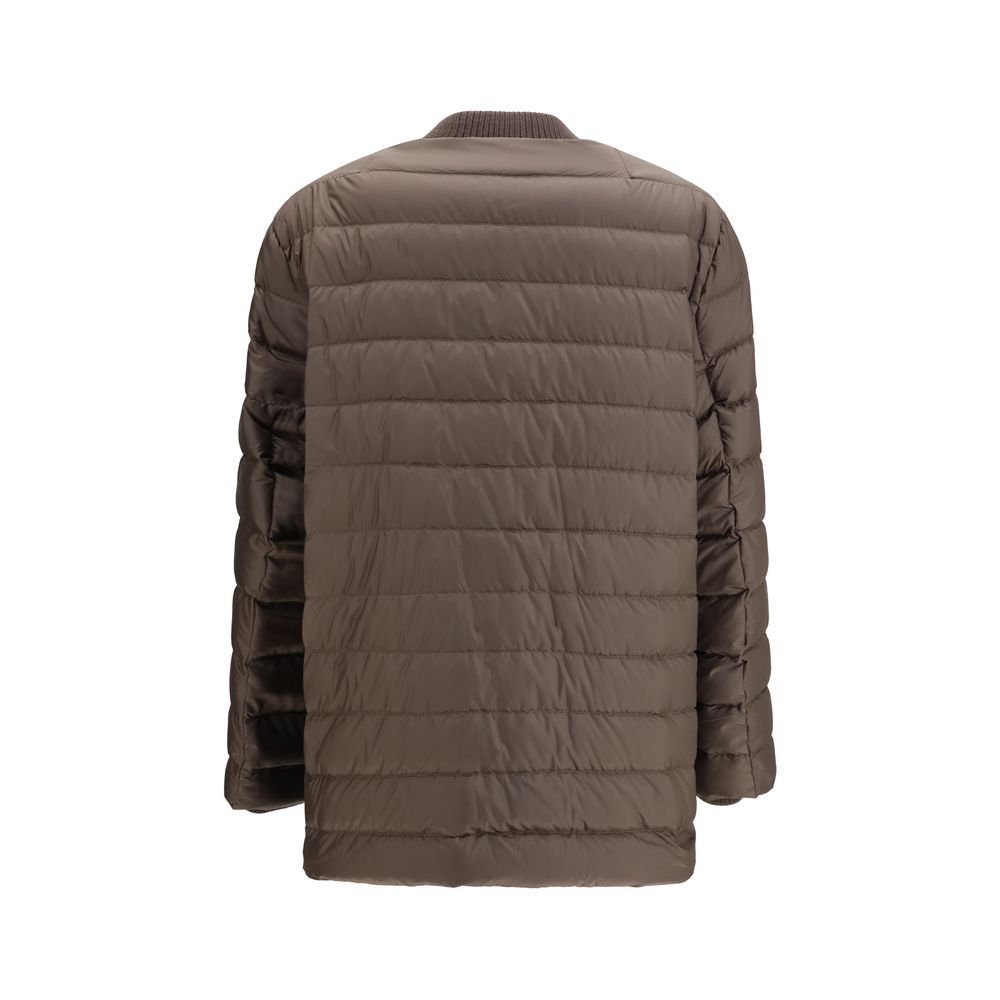 Brown Goose Down Bomber Jacket with Wool Trim