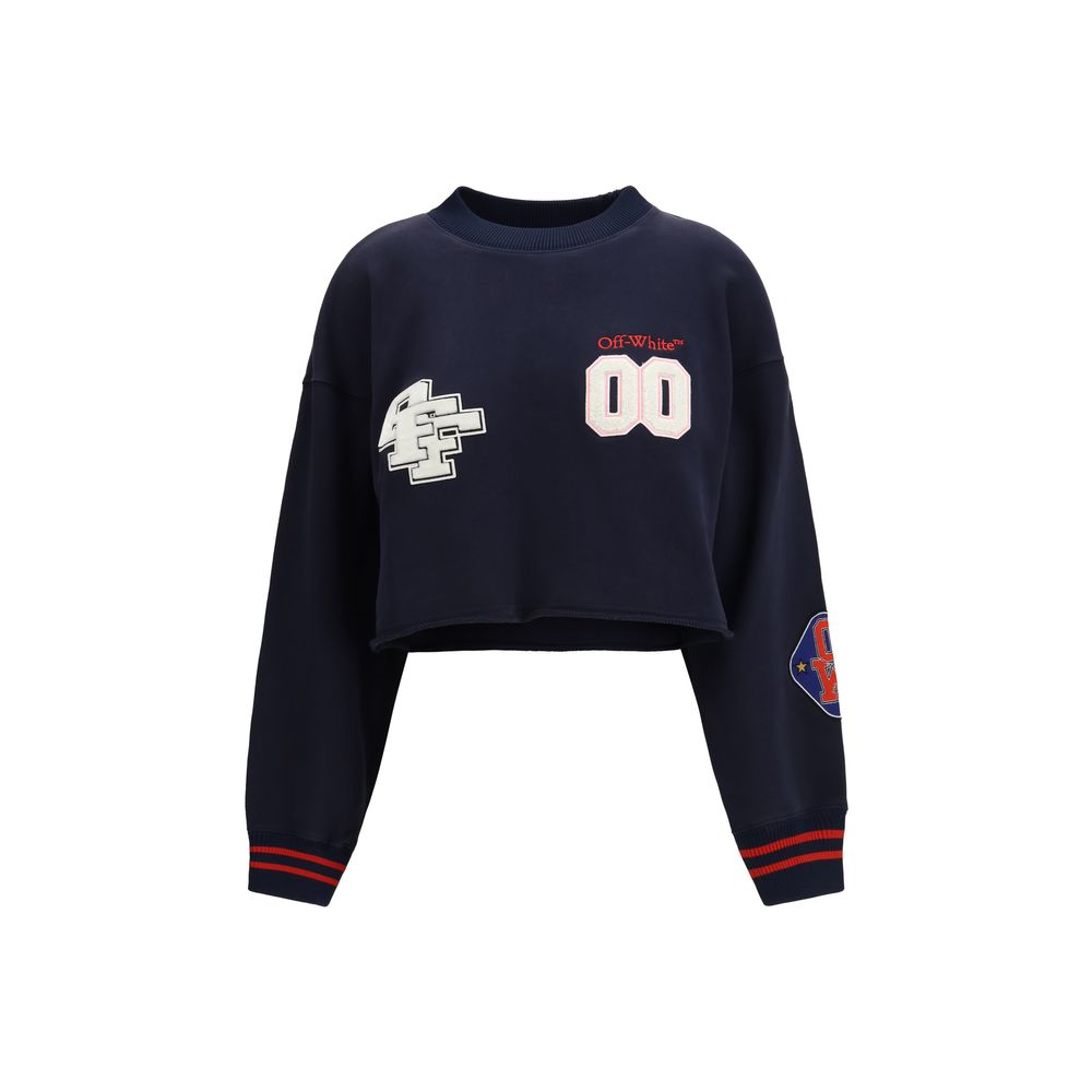 Blaues bauchfreies Baumwoll-Sweatshirt mit Patchwork-Details