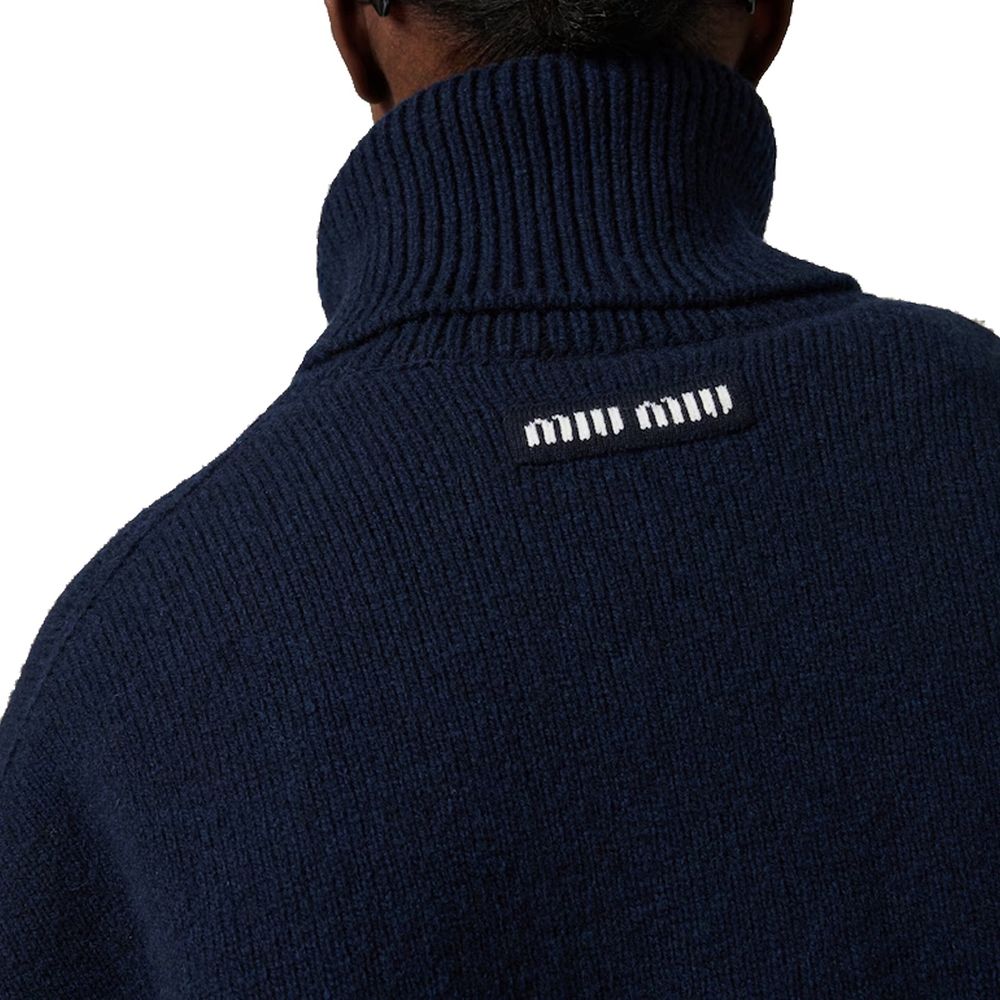 Blue Wool Cashmere Turtleneck Sweater with Logo Detail